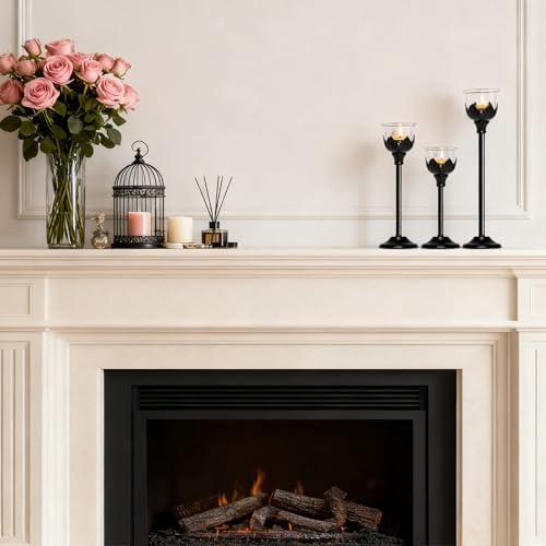 Set of 3 Metal Tea Light Candle Holder with 3 Glass Cups, 12/10/8 Inch Elegant Tealight Candelabra Centerpiece for Wedding Table Decor, Tiered Home Party Decoration (3, Black) - color: Black