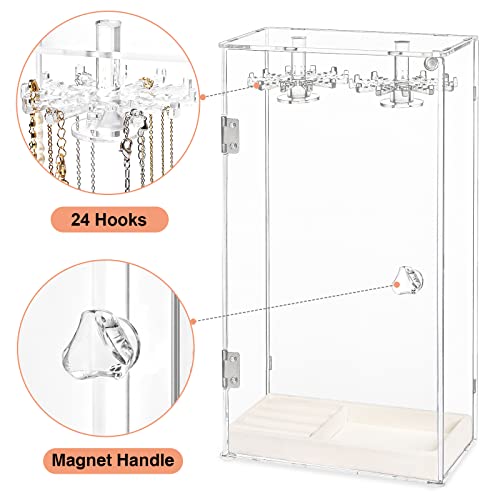 Necklace Holder, Acrylic Jewelry Organizer with 24 Hooks, Rotation Clear Necklaces Pendant Display Case Stand, Dust-proof Velvet Tray Hanging Rack Storage for Earrings Rings