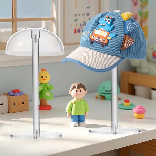 JUESHA Small-Sized Clear Acrylic Hat Display Stand for Kids, Countertop Hat Holder for Little Baseball Caps Cowboy, Wig Head Counter Stand for Closet (NON-ADJUSTABLE HEIGHT) - size: Small