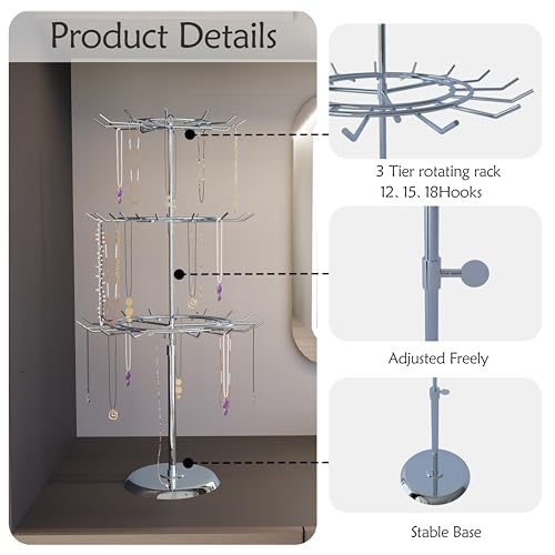 Jewelry Rotating Rack with 12/15/18 Hooks Chrome Necklace Keychain Display Organizer Stand 3 Tier for Boutique Countertop Use - size: Length-Incremental Style - 45 hooks