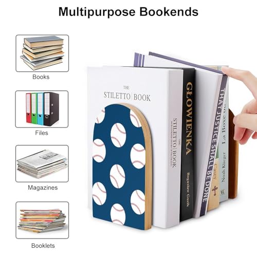 Wooden Bookends 2 Pcs,Baseball Pattern Heavy Duty Office Book Ends Anti Slip Book Shelf Holder with Metal Base Decorative Book Stands - color: Baseball Pattern