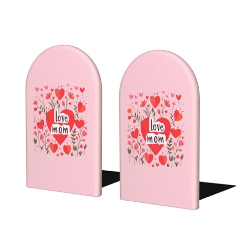 Love Mom Red Flower L-Shaped Book Ends 1 Pair Wood Bookends Book End Supports for Heavy Book Shelf Holder Home Decorative - color: Love Mom Red Flower