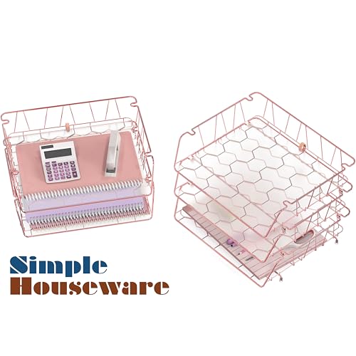 Simple Houseware Stackable Wide Entry Desk File Document Letter Tray with Liner, Wire Grid, 3 Packs, Rose Gold - color: Rose Gold, size: Wide Entry