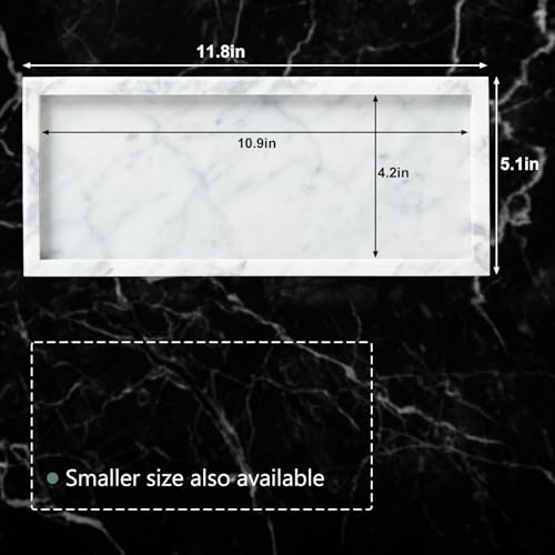 Natural Marble Vanity Tray, Luxury Stone Organizer for Bathroom & Kitchen Counter | Holds Soap Dispenser, Jewelry, Perfume | Non-Resin, Non-Ceramic Décor - color: White, size: 11.8" x 5.1" x 0.8"