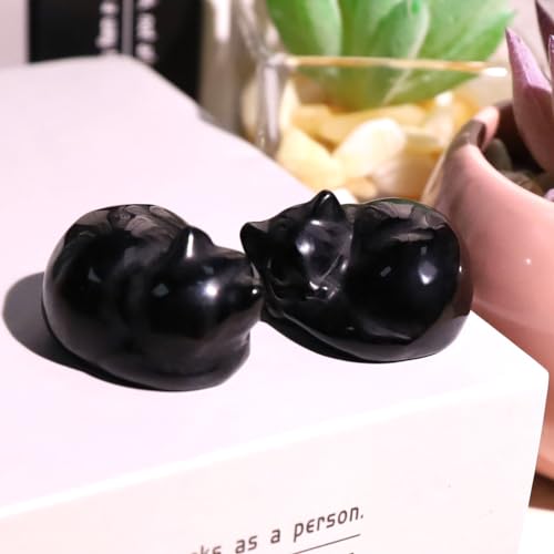 QINJIEJIE Black Obsidian Cat Decor Crystals and Healing Stones Figurine Sleeping Cats Stone Statue Gift Carved Gemstones Sculpture Office Home Desk Kitten Cute Cat Decor for Men Stocking Stuffers - color: A-black-glossy Obsidian, size: 1.5 inches