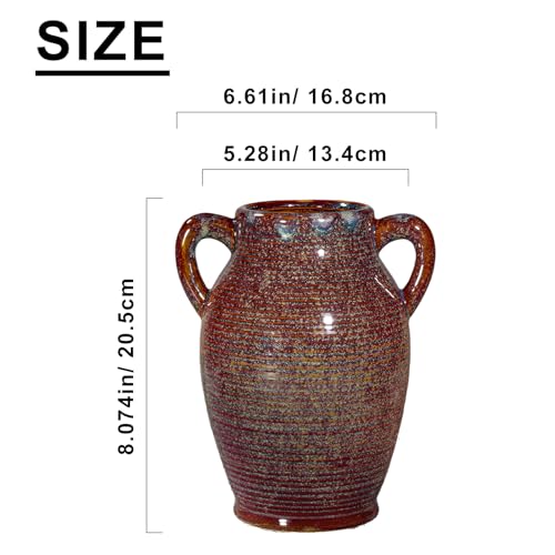 Sunddo Brown Ceramic Vase 8 Inch - Rustic Decorative Flower Vase with 2 Handles, Farmhouse Decor, Bedroom, Bathroom, Bookshelf, Mantel, Living Room Decor - color: Brown - 8, size: 8 Inch