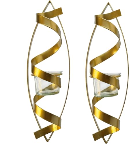 Lily's Home Set of 2 Tealight Wall Sconces - Spiral Ribbon Metal Art with Gold Finish, 12 Inch Indoor Wall Decor - Suitable for Living Room, Hallway, Wedding & Party Decorations - color: Gold Finish Spiral Ribbon