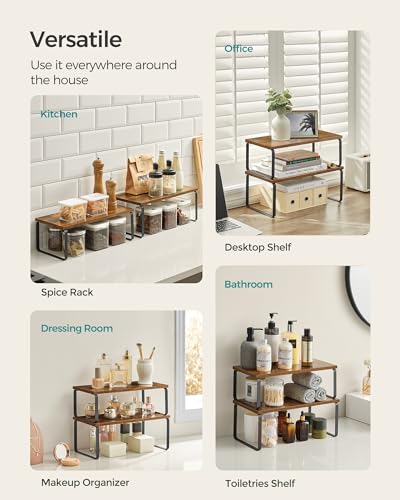 SONGMICS Cabinet Organizer Shelf, Set of 2 Kitchen Counter Shelves, Kitchen Storage, Spice Rack, Stackable, Expandable, Metal and Engineered Wood, Ink Black and Rustic Brown UKCS200X01 - color: Ink Black + Rustic Brown, size: 15.6"W