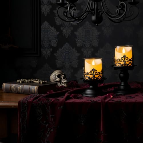 Gothic Hurricane Candle Holders, Black Metal with Glass Sleeve, Set of 2 Decorative Pillar Holders, 5.9 and 7.9 Inch Height, 4 Inch Diameter - size: Height 5.9 inches and 7.9 inches - 2 Pieces