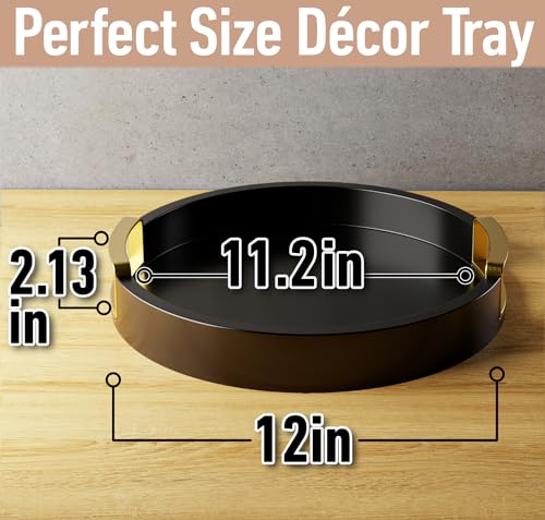 Round Decorative Tray - 12 Inch Round Black Tray with Gold Metal Handles - Stain Resistant Serving Trays for Decor - Decorative Trays for Coffee Table, Ottoman, Bar, Vanity, Kitchen, Bedroom & More