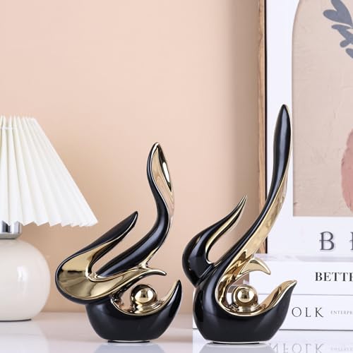 XMGZQ Mid Century Modern Abstract Art Home Decor Accent,Porcelain Statues for Living Room Coffee Table Centerpieces for Dining Room,Ceramic Sculptures and Gold Knick Knacks for TV Stand Decor (Black) - color: Black