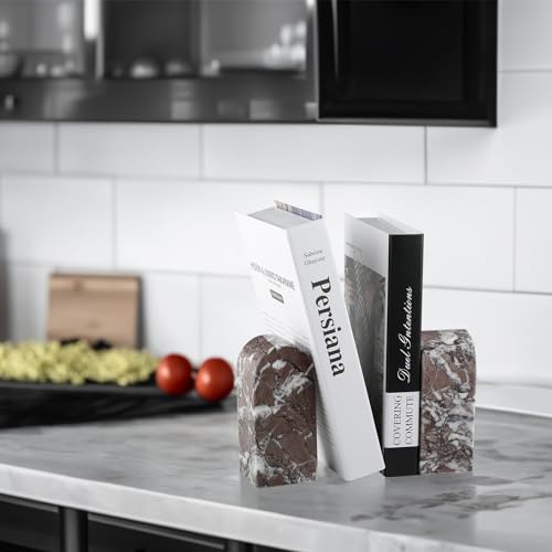 Koville Turkish Natural Marble Bookends for Shelves, Decorative Book Ends, 7lbs Heavy-Duty Marble Book Holders, Bookshelf Apartment Decor for Normal Books/CD/Video Games(Leopard) - color: Purple White Marble-leopard, size: 7lb