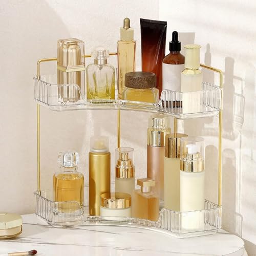 YCIA&DONE Corner Bathroom Counter Organizer, Makeup Organizer for Vanity, Skincare Cosmetic Perfume Tray, Corner Countertop Shelf Rack Storage for Bathroom Kitchen 2 Tiers (Clear White) - color: White, size: 2-Tier