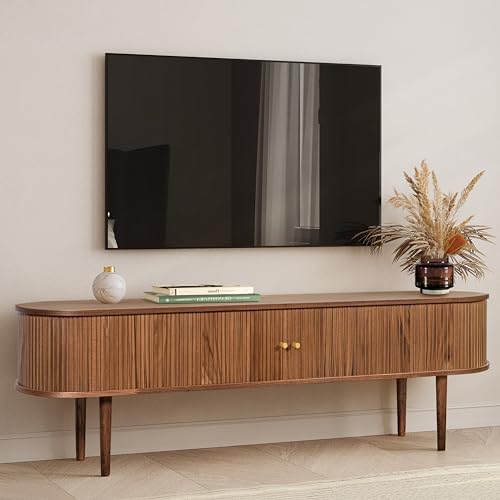 WERMO 71’’ TV Stand with Storage and Shelves for 65-75 inch TV. Wood Entertainment Center with Doors for Living Room and Bedroom, Mid Century Modern Console Table, Television Stand (Walnut) - size: 71 Inch