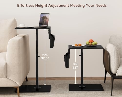 Vagusicc Sofa Armrest Tray Table for Couch - 360° Swivel Height Adjustable Side Table for Small Spaces, Snack Side Table for Bed or Chair, C Shaped End Table Snack Table for Eating Dinner Laptop - color: Black, style: With Plug+Storage Bag