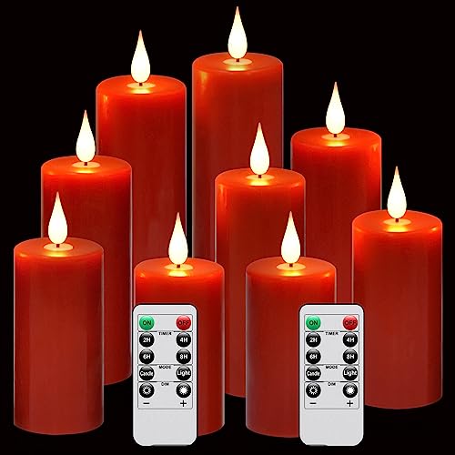 Flameless Flickering Battery Operated Candles 9PACK Real Wax Pillar LED Candles with 10-Key Remote Control and 24 Hours Timer for Wedding, Party, Home Decoration (Red) - color: H03# Red 9pack Real wax