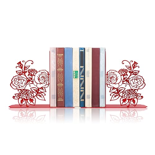 Cute Bookends, Unique Decorative Book Ends with Rose Design - Ideal Gift for Book Lovers, Fit for Library, Study, and Bookshelf Display (Red)