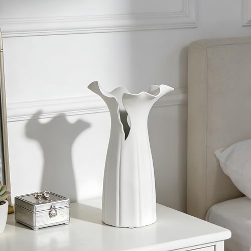 Abstract Irregular Ceramic Vase, White Irregular Pottery Vase, Handmade Decorative Minimalist Flower Vases for Modern Home, Tabletop, Shelf & Office - size: 16" x 12" x 28"