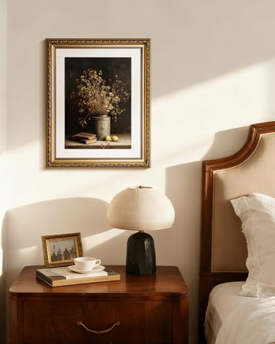 InSimSea Gold Picture Framed Wall Art, Living Room Vintage Dried Flowers Vase Wall Decor, Dark Moody Still Life Canvas Print Art, Home Farmhouse Decor, Antique Paintings with Frame 13x16inch - color: Gypsophila, size: 16"L x 13"W