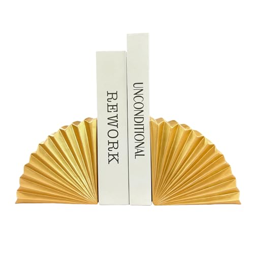 Golden Fan Book Ends Decorative Bookends for Shelves, Elegant Fan Bookends for Bookshelf Decor, Decorative Book Stoppers for Home Office - color: Geometric Fan - Gold