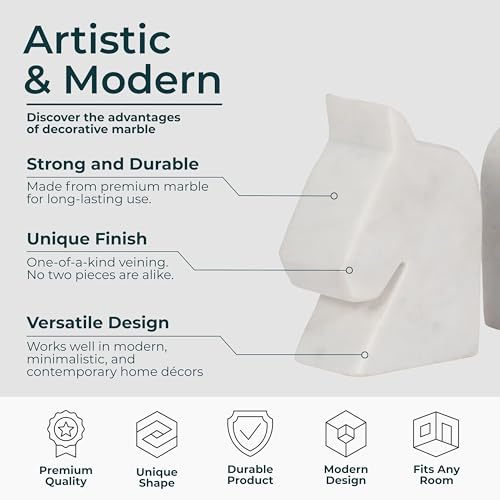 Decorative Marble Horse Head Bookends and Book Ends for Office Decor - Modern Bookshelf Decor Accent as Desk Display - Sculptural Book Accessories for Home Library Display - Set of 2, 6", White