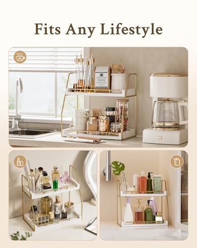 Mustry Bathroom Countertop Organizer, 2-Tier Makeup Organizer for Vanity, Wooden Shelf with Gold Metal Frame for Skincare, Perfume & Decor (White&Gold)