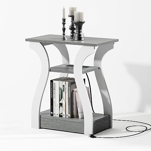 FROMJBEST End Tables Living Room, Grey End Table with Charging Station, Grey Side Table, Nightstand for Bedroom, 3 Tier End Table with Storage Shelf for Living Room - color: Grey