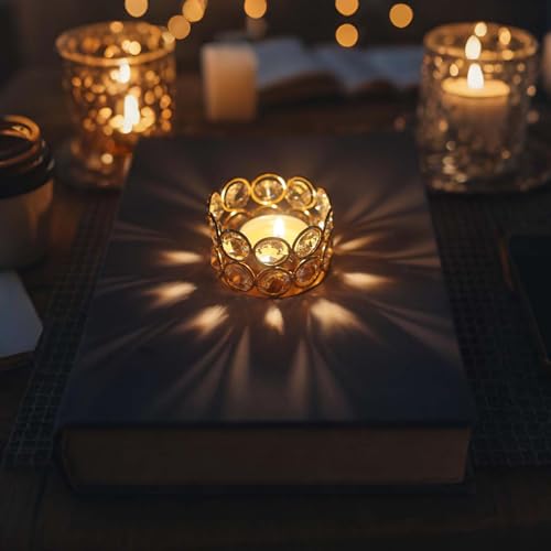 24 Pack Gold Metal Crystal Tea Light Candle Holders - 2.4"x1.6" Bulk Small Votive Candle Holders for Wedding, Home, Party Table Centerpiece Decorations