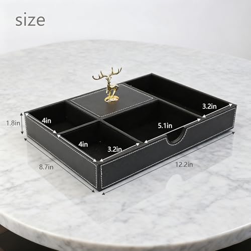 Jewelry Trays Nightstand Organizer, Valet Tray for Men and Women, Dressing Table Storage Box, Dark Brown Faux Leather, 5 Compartment - color: black