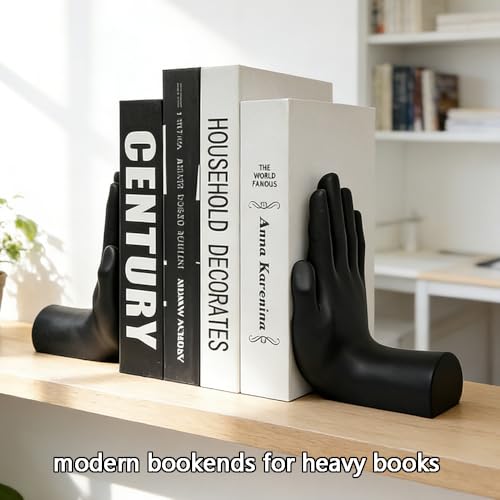 jinhuoba Decorative Bookends Hands Book Ends, Black Heavy Book Holder Ends for Shelves, Novelty Heavy Duty Book Ends for Shelves Office Home Desk Bookshelf, 8.5"(L) x 3.5"(W) x 6.8"(H), Resin
