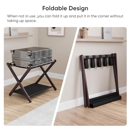 Smuxee Brown Bamboo Luggage Rack for Guest Room, Foldable Suitcase Stand with Storage Shelf, Easily Assembled Luggage Stand with 5 Nylon Straps for Guest Room Bedroom Hotel - color: Brown 1PCS