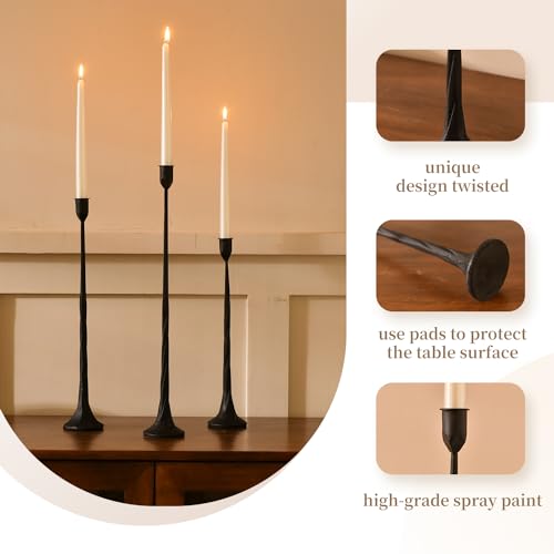 Iron Black Candlestick Holders, Set of 3 Candle Stick Holders,Fits 3/4 inch Thick Candle&Led Candles, Vintage Modern Decorative Centerpiece for Dining Table Centerpiece, Wedding, Party Decor - color: Black-twisted, size: 14.4”,17.1”,19.7”