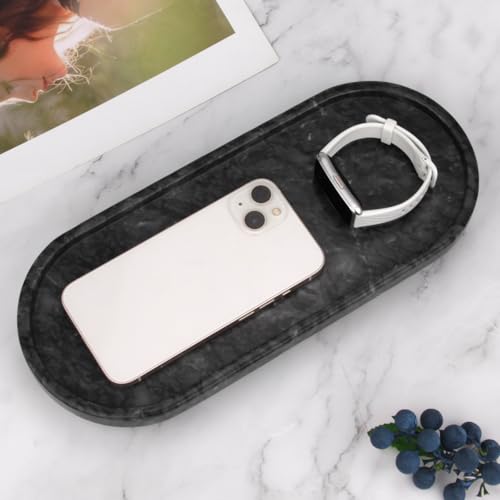 Marble Oval Bathroom Vanity Tray with Leg,Natural Stone Small Decorative Tray,Soap Dispenser Dresser Top Perfume Home Kitchen Toilet Tray for Soap Bottles, Key Trinket Ring (Black Grey)