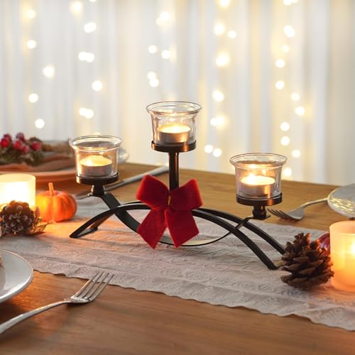 3-Arm Metal Tea Light Candle Holder Set with 5 Glass Cups, Votive Candle Holders Centerpiece Candelabra for Wedding Table Decor, Home Gatherings and Holidays (Black, 3 Cups-2 Pcs) - color: Black, size: 3 Cups-2 Pcs