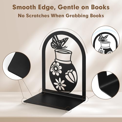 Aertiavty 2 Pcs Bookends for Shelves, Large Heavy-Duty Morden Vase Book Ends, Non-Skid Butterfly Bookends, Decorative Book Holder for Home Office, Metal Black Floral Book Stopper, 1 Pair - style: Butterfly Vase