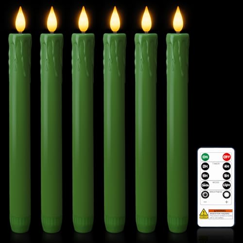 Homemory 6 Pcs Real Wax Green Flameless Taper Candles with Remote Timer, 9.6 Inches LED Fake Candlesticks, LED Candle with 3D Flickering Flame for Romantic Wedding, Dinner, Xmas Anniversary Decor - style: Nature - Green 9.6"