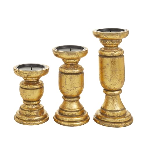 Deco 79 Mango Wood Decorative Candle Holder Turned Style Pillar Candle Stand, Set of 3 Candlestick Holder 10", 8", 6"H, Gold - color: Gold, size: 3 PIECES SMALL SIZE