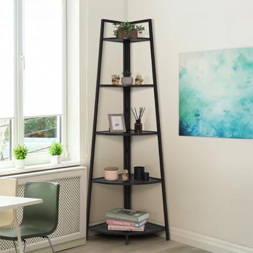 CAPHAUS Tall Corner Shelf Stand, 5-Tier Display Shelves, Ladder Corner Wood Storage Plant Bookshelf with Metal Frame, Versatile Shelving Unit Bookcase for Home Office Space, Black - color: Black, size: 5-Tier