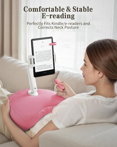 SAIJI Tablet Pillow Stand for Bed – iPad & Kindle Holder with Flexible Dual Axis Arm & Microbead Cushion, 360° Adjustable Lap Beanbag Phone Holder Fits Devices with 4.7"–15.6" Screens (Pink) - color: Pink