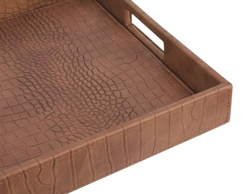 HofferRuffer Rectangle Serving Tray with Hole Handles for Coffee Table, Breakfast, Tea, Food, Butler - Countertop, Kitchen, Vanity Serve Tray, 16.2 x 12.2 x 2 inches, Faux Leather (Antique Brown) - color: Antique Brown, size: 16.2" x 12.2" x 2"