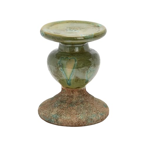 Creative Co-Op 2-Tone Sculptural Terracotta Pillar Candle Holder, Distressed Green - color: Green, size: 5.5" W x 6.5" H