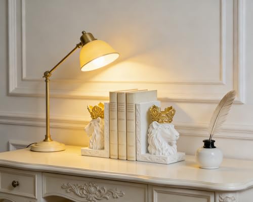 White Lion Head Bookends with Regal Design, Solid Resin for Heavy Duty Book Support, Non-Slip Pads for Stability, Gift for Lion Enthusiasts Collectors - color: White
