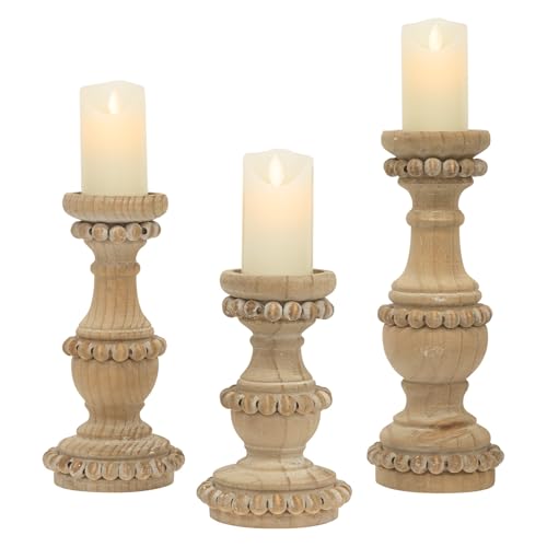 Farmhouse Wooden Candle Holders for Pillar Candles, Set of 3 Vintage Wooden Beaded Candle Holder, Tall Candle Stand Decorative for Living Room, Table Centerpiece (Natural) - color: Natural