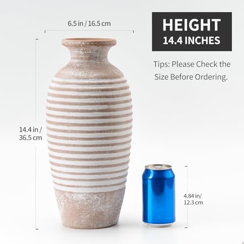 Emotionally Grounded Vase, Vaseking Large Ceramic Rustic Vase, 14.4 inch Minimalist Threaded Decorative Farmhouse Tall Vases for Home Decor, Living Room, Enterway, Table Decoration, Khaki - color: 19151-khaki, size: 14.4"