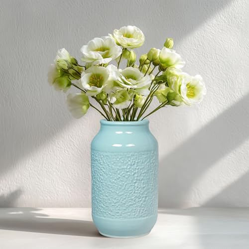 Blue Ceramic Vase for Home Decor - 9 Inch Textured Flower Vase for Table Centerpiece - Modern Decorative Pottery Vases for Flowers, Living Room, Shelf, Mantle Decor - color: Light Blue
