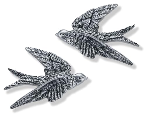AMOIENSIS Bird Wall Sculpture Art, (Set of 2) 4¾ inch Resin Metallic Silver Bird 3D Sculpted Floating Hanging Wall Sculpture Decoration - color: Metallic Silver