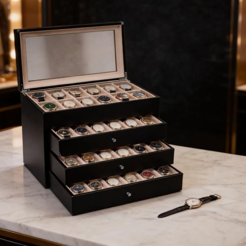 Bey-Berk Custom Personalized Watch Box Organizer - 48 Slot Luxury Solid Wood Designer Display, Large Watch Slots - color: Black