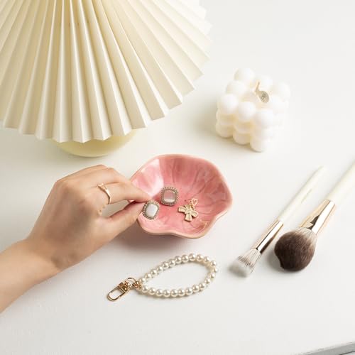 Ceramic Ring Dish, Jewelry Dish Holder, Small Trinket Tray Plate for Earrings Rings Necklaces Keys, Gift for Mom Friend Sister on Birthday Mother's Day Christmas (Pink Surface) - color: Pink Surface