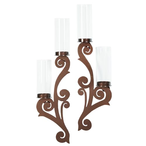 Augustine Scrollwork Candle Wall Sconce Pair | Antique Copper | Metal Designs with Included Hurricane Style Glass Candleholder - color: Antique Copper
