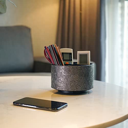 lizimandu Round Leather Art Supply Organizer,Remote Control Holder,360 Degree Spinning,Multi-Functional Pencil Holder,4 Compartments Desktop Stationary Organizer(1-Grey) - color: 1-Grey